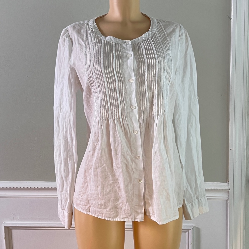 Calvin Klein Pintuck Blouse Womens Medium White Ramie Long Sleeve Boho Coastal
